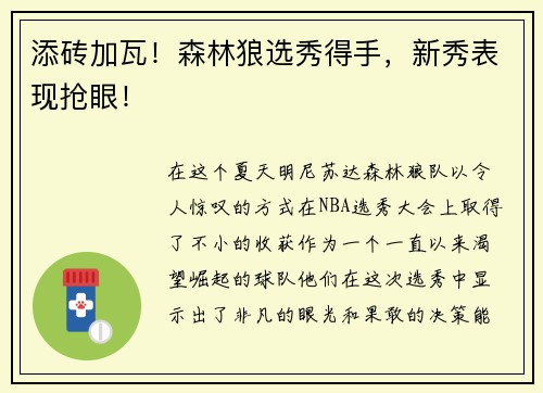 添砖加瓦！森林狼选秀得手，新秀表现抢眼！